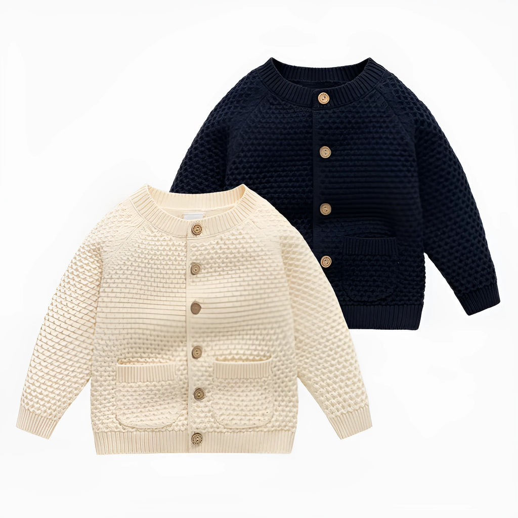 Boys' knitted cotton jumper in Teeth White or Sapphire Blue, round neck long sleeve sweater, 66-100cm