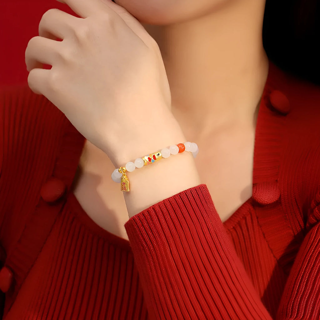 Hetian jade bracelet with koi fish design in S925 sterling silver setting