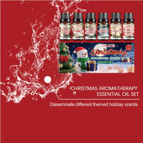 Christmas aromatherapy oil gift set showing six bottles including one large 60ml bottle.