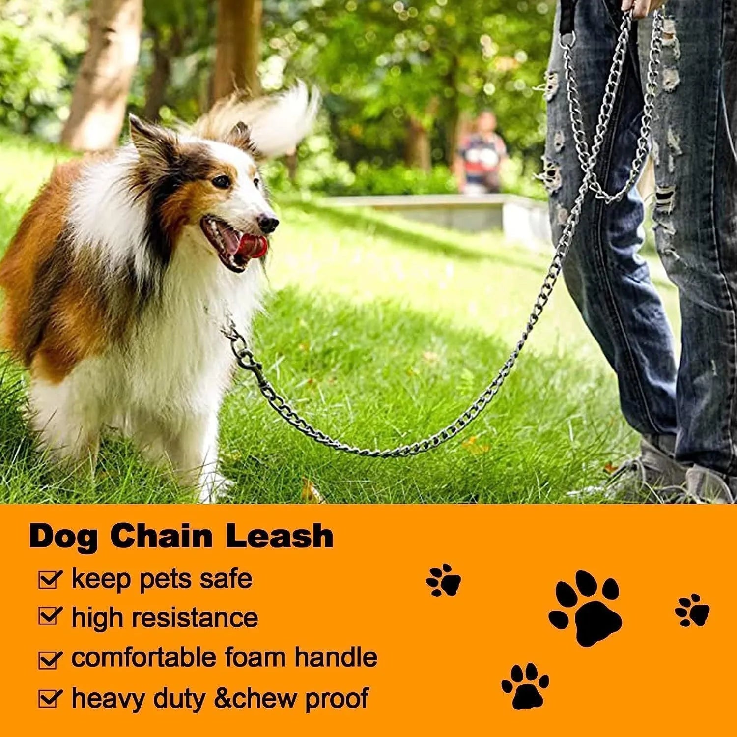 Heavy duty metal dog chain leash with a soft black padded handle.