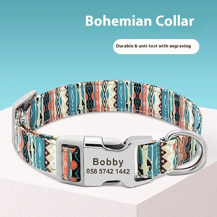 Striped canvas dog collar with metal release buckle in bohemian blue colour option