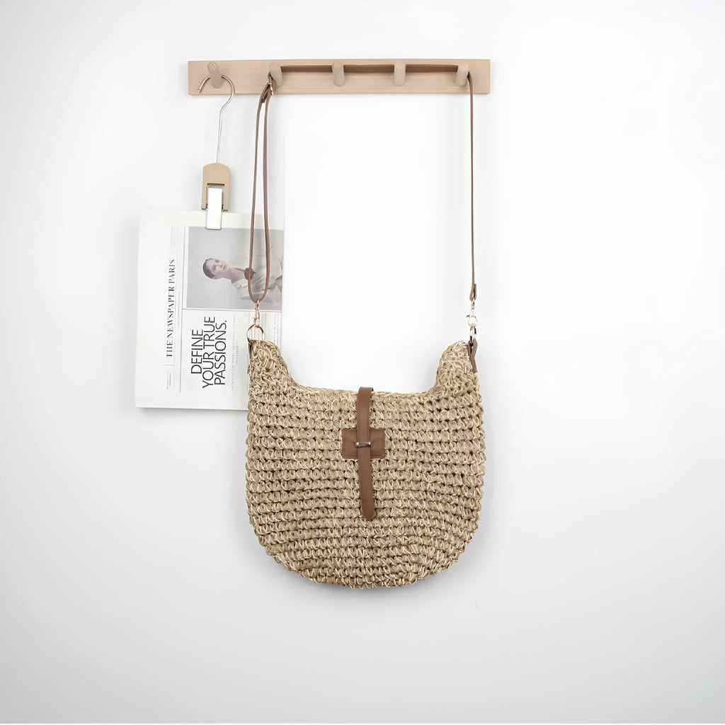Beige handmade woven shoulder bag with sewing thread details and sandwich pocket