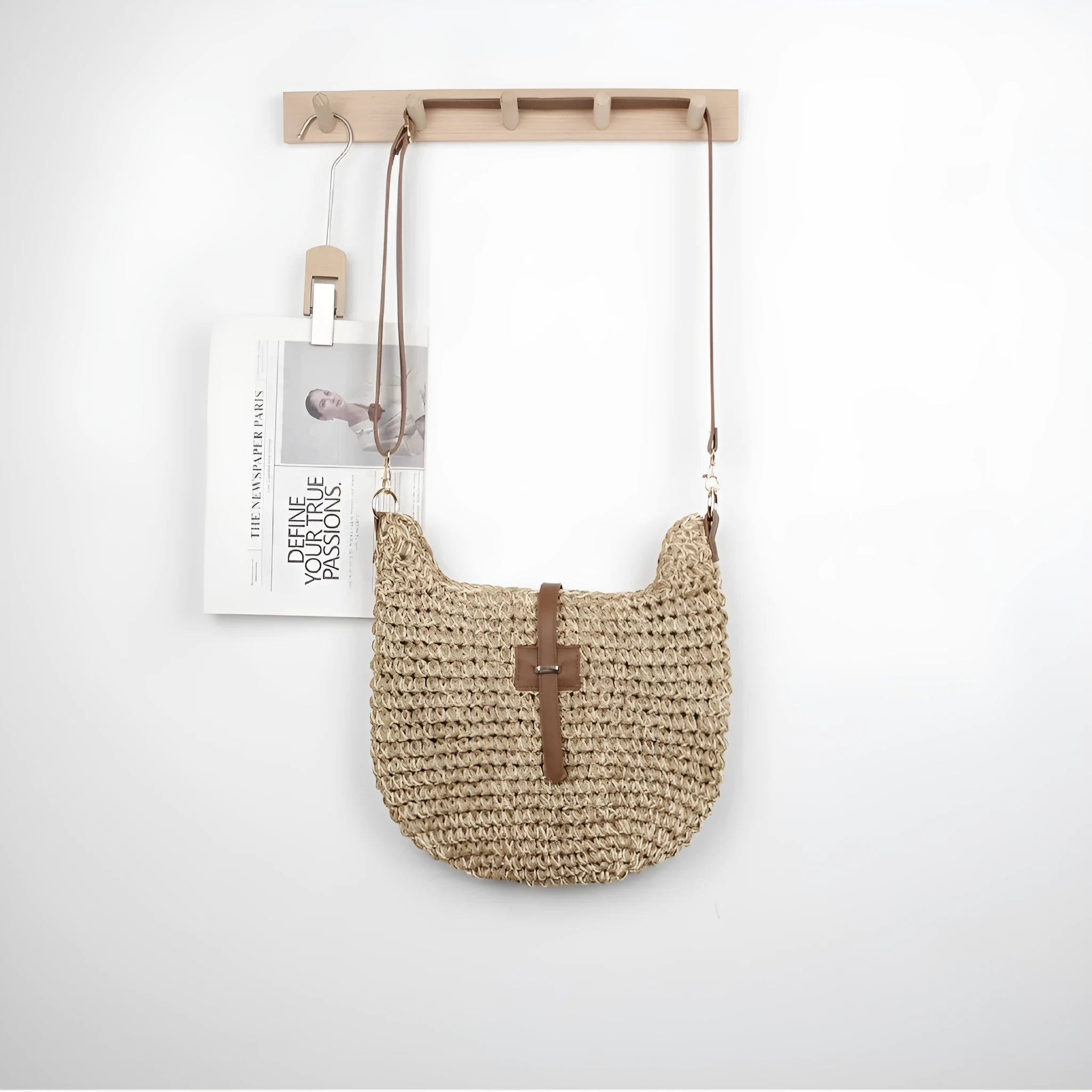 Beige handmade woven shoulder bag with sewing thread details and sandwich pocket