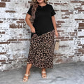 Women's black leopard print loose maxi dress with quarter sleeves and contrast stitching, plus sizes 1XL-5XL.