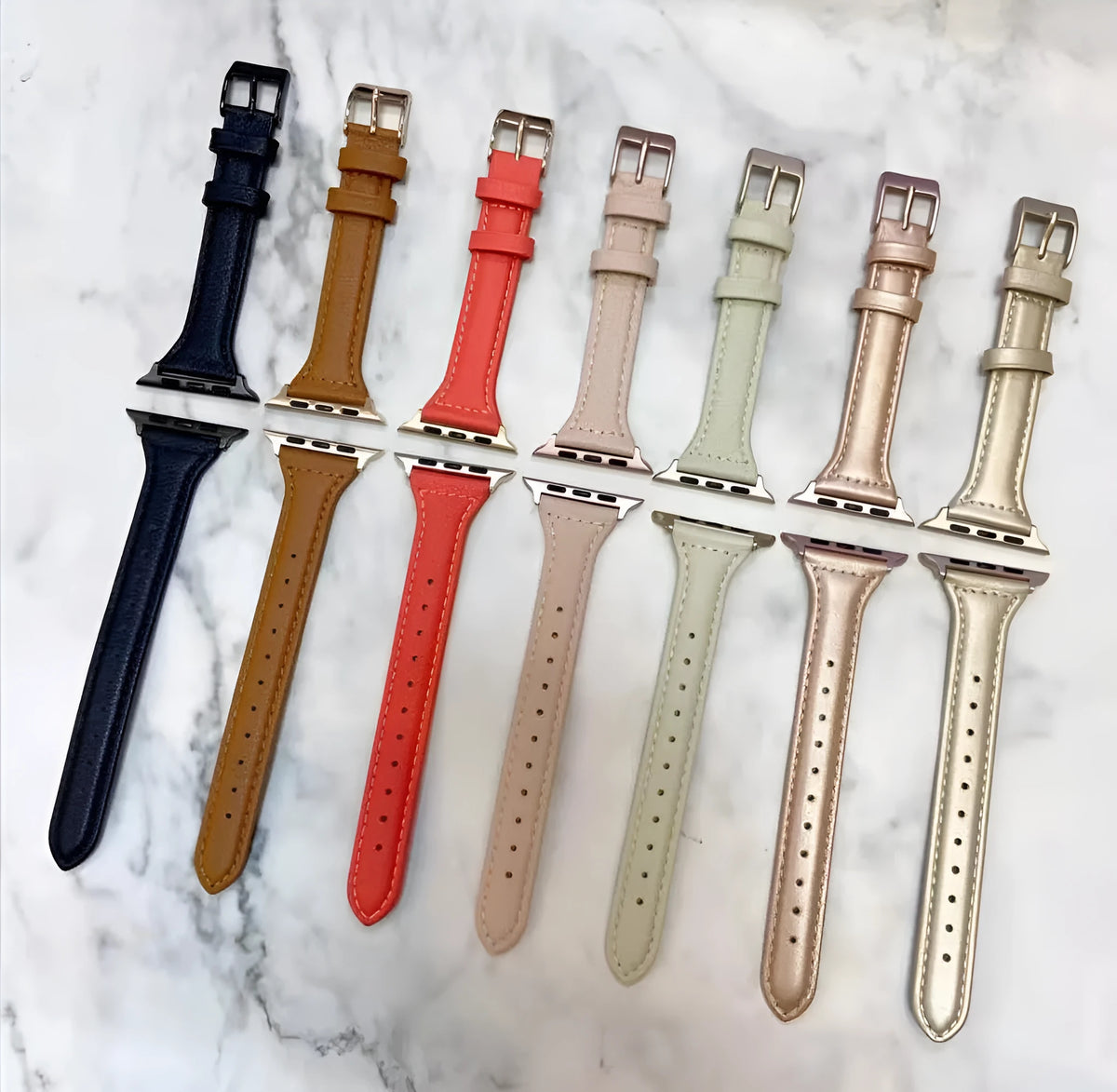 T-shaped thin genuine leather watch strap for Apple Watch 7th gen 41mm 45mm, adjustable metal buckle, 157-228mm wrist