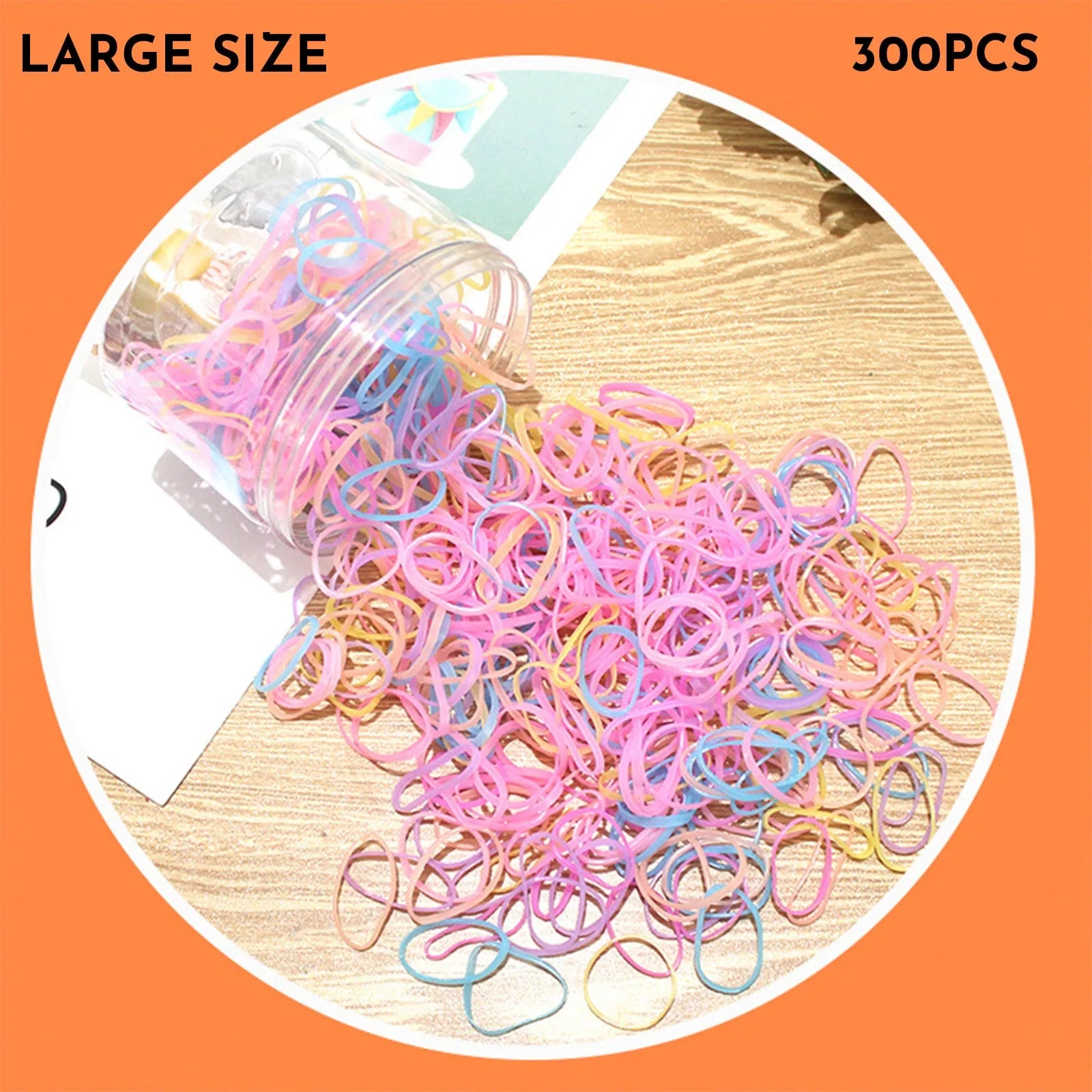 Assorted colourful TPU baby hair ties in a reusable plastic container.