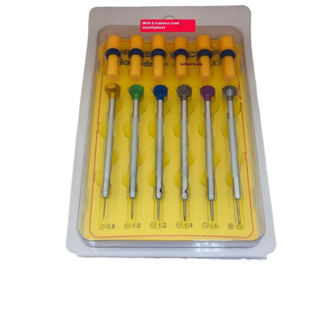 Set of six colour-coded watch repair screwdrivers with aluminium handles and a separate metre tool.