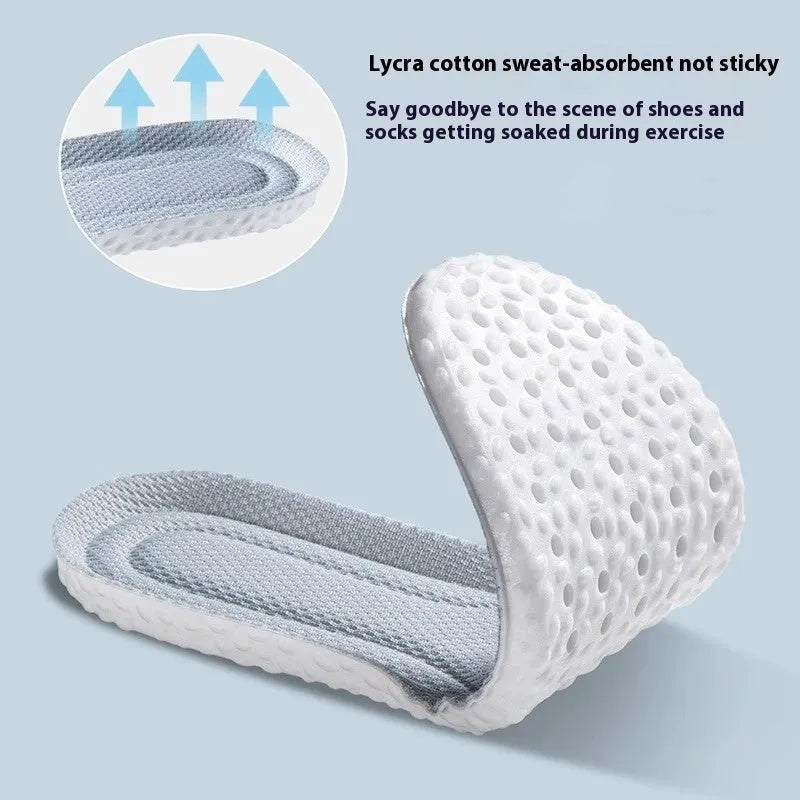 A pair of grey breathable sports insoles made of soft PU material, shown alongside scissors to illustrate the trimmable feature.