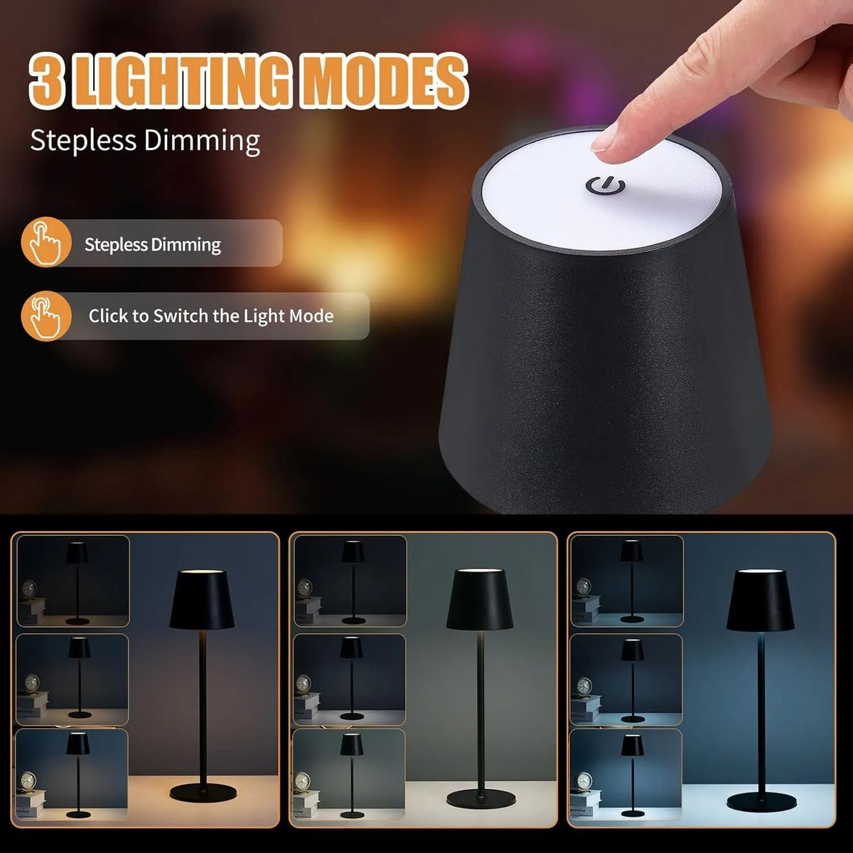 Rechargeable table lamp, 10 x 38cm, waterproof creative design, built-in battery, gold black white rose gold blue