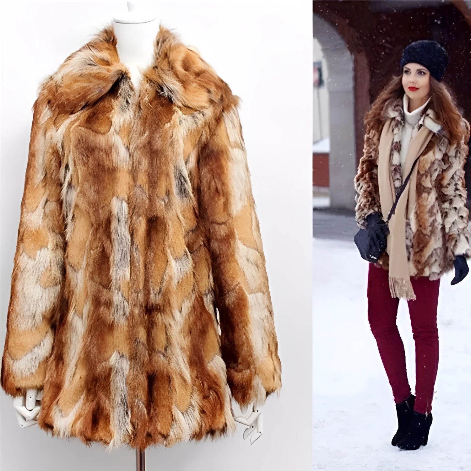 Tiger pattern artificial faux fur leather jacket for women, slim fit and mid-length.