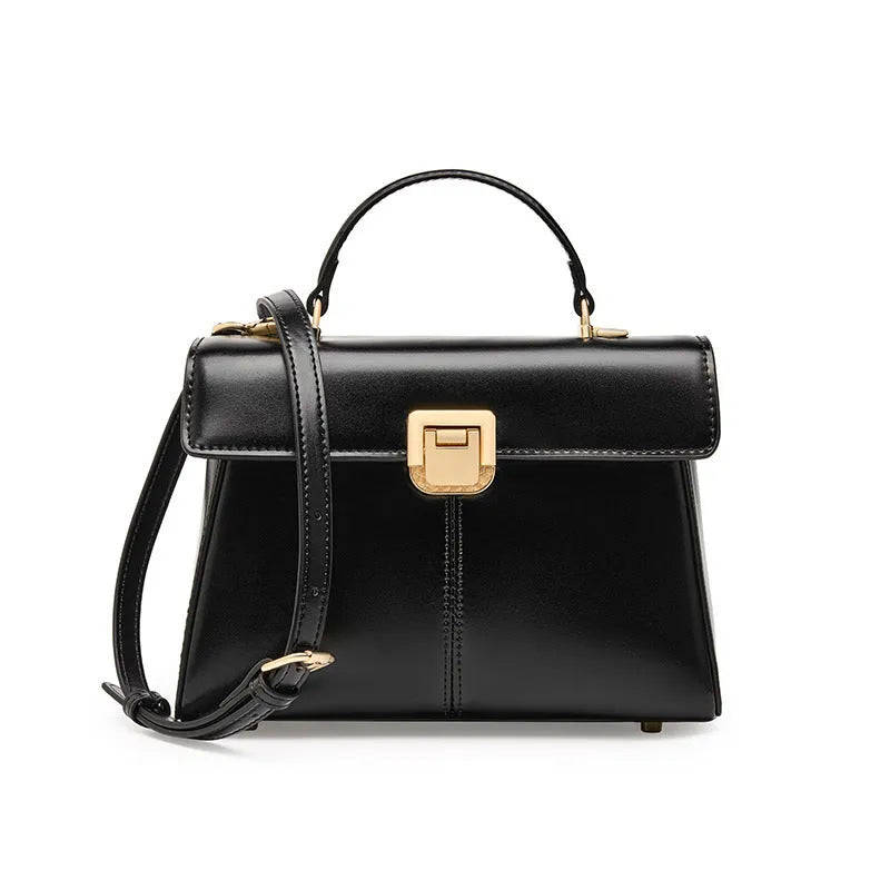 Dark brown genuine leather women's shoulder bag with a clasp, showing its horizontal square shape and shoulder strap.