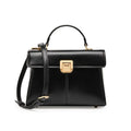 Dark brown genuine leather women's shoulder bag with a clasp, showing its horizontal square shape and shoulder strap.