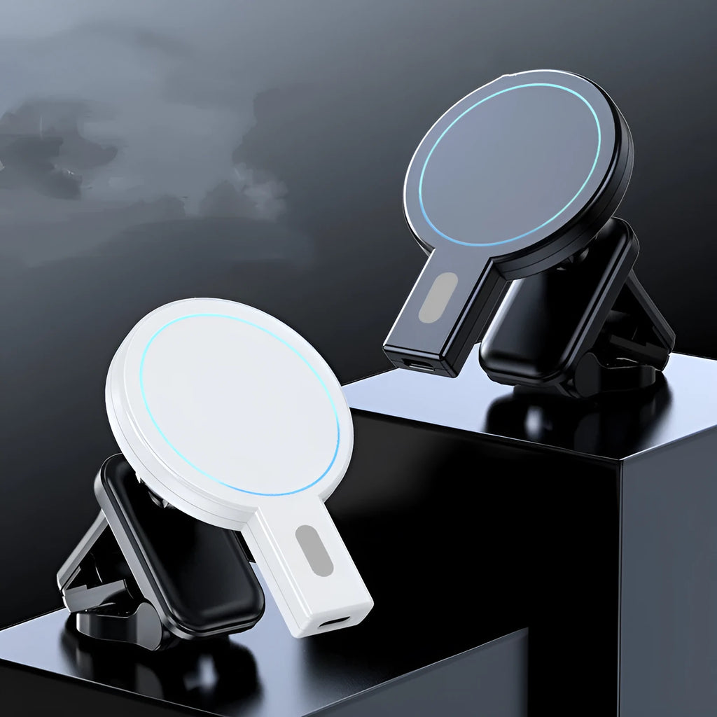 White magnetic wireless charging stand holding a mobile phone at an angle.