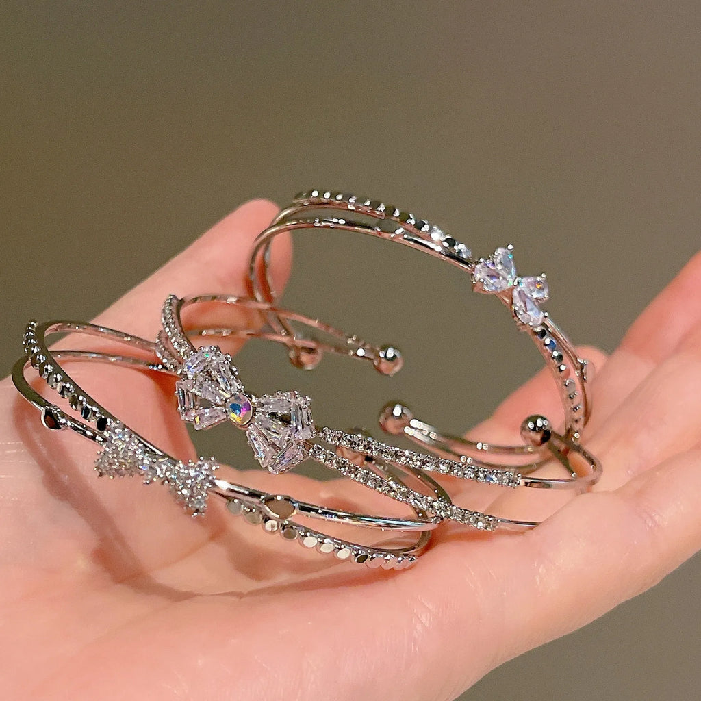 Women's silver electroplated copper bow bracelet with zircon stones minimal style