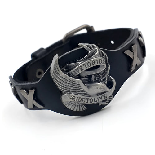 Black leather bracelet with a silver alloy eagle motif on a tapered band