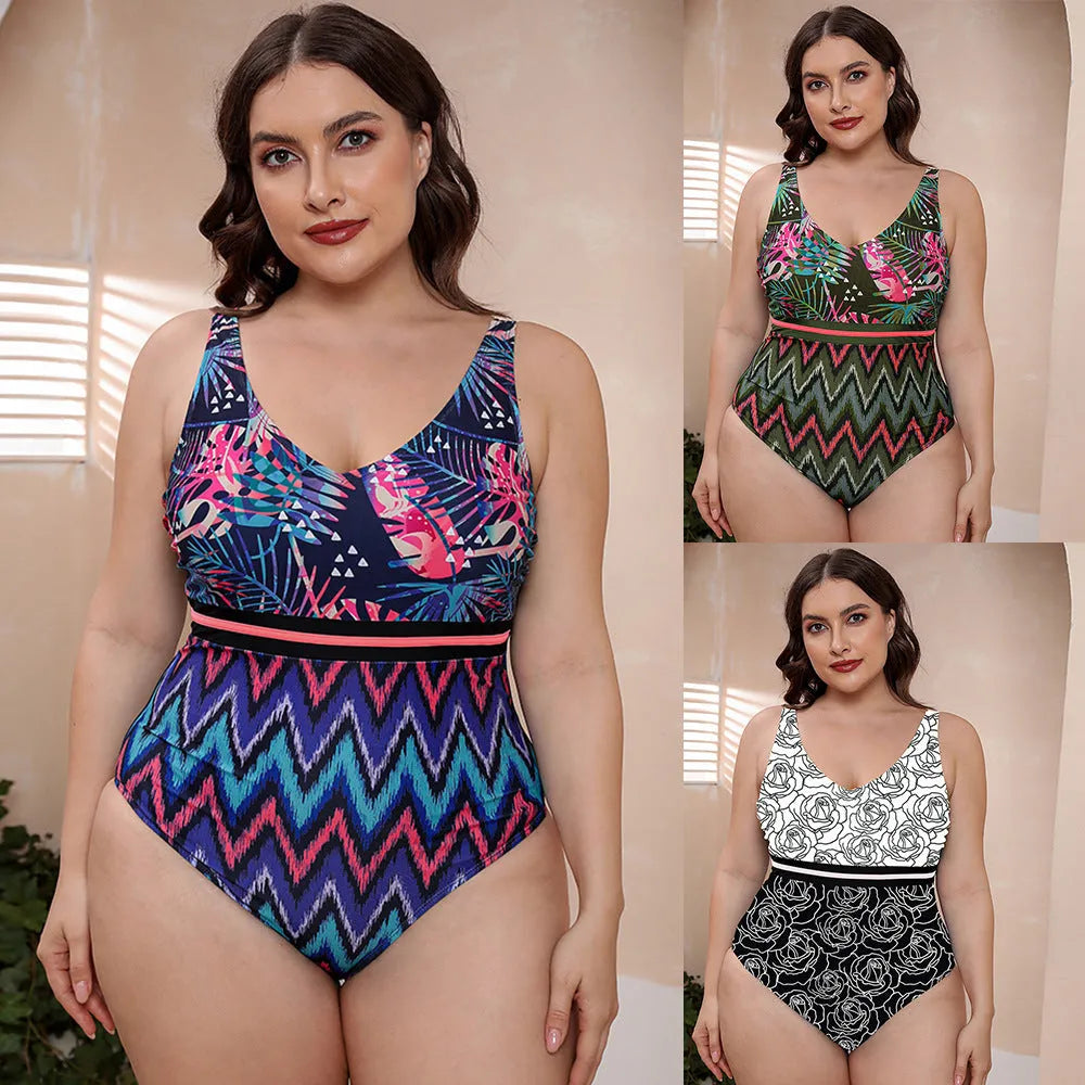 Women's blue printed one-piece swimsuit with spaghetti straps and striped vest design for swimming