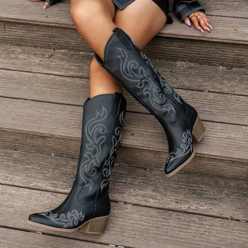 Women's embroidered denim over-the-knee boots with satin upper and medium heel in black