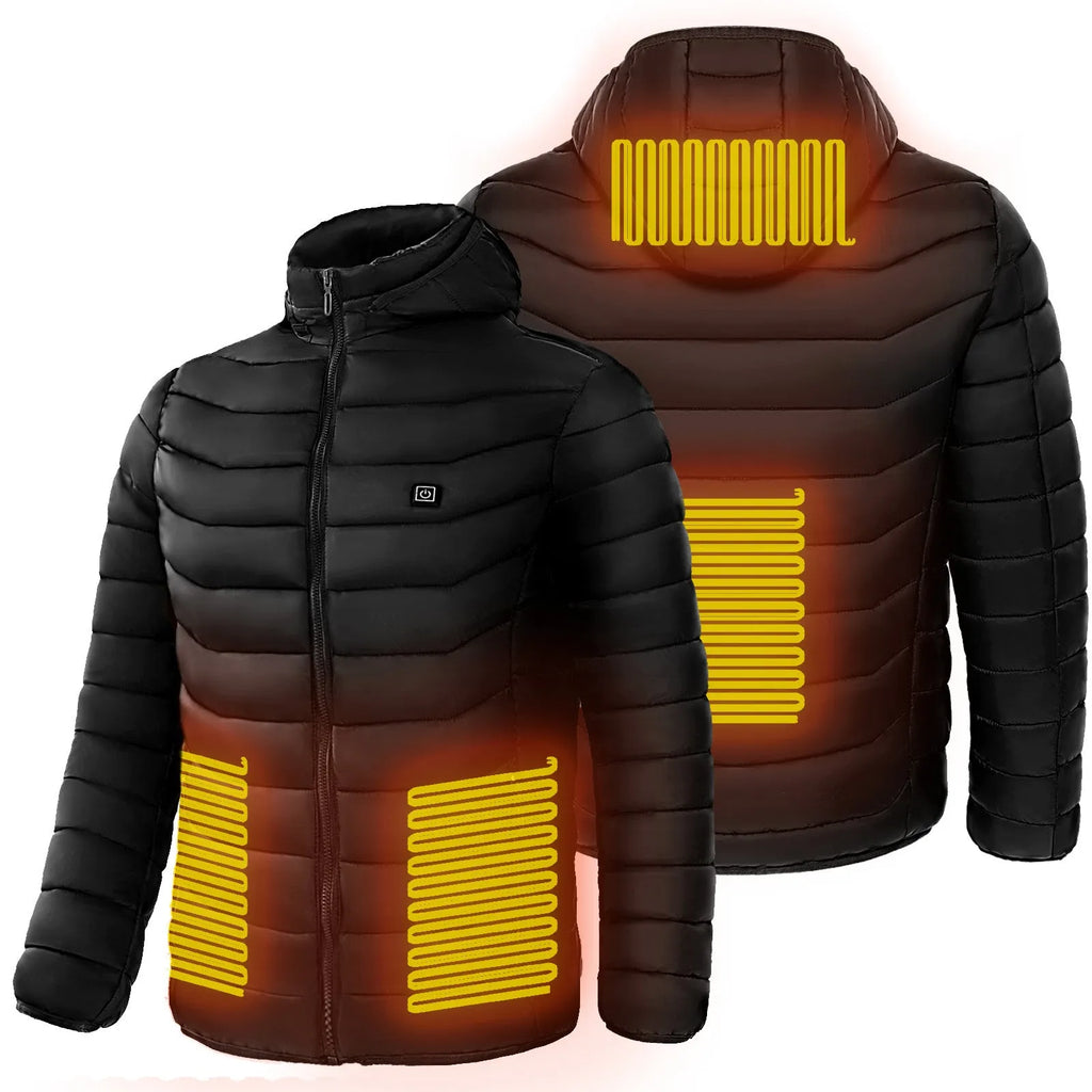 Men heated puffer jacket with 9 heat zones, hood, and long sleeves on a winter ski slope