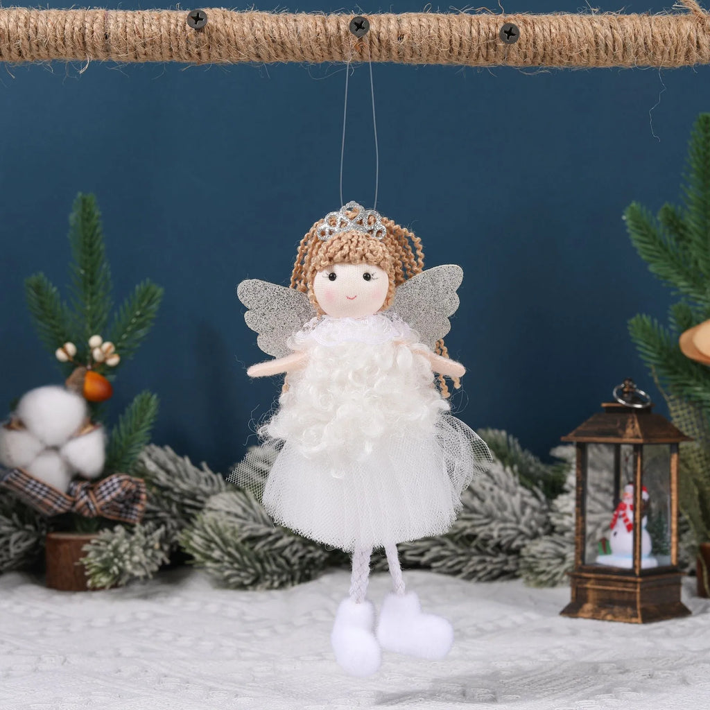 Girl's fabric Christmas angel pendant crown hair clip on a high ponytail, in white, pink, or khaki.