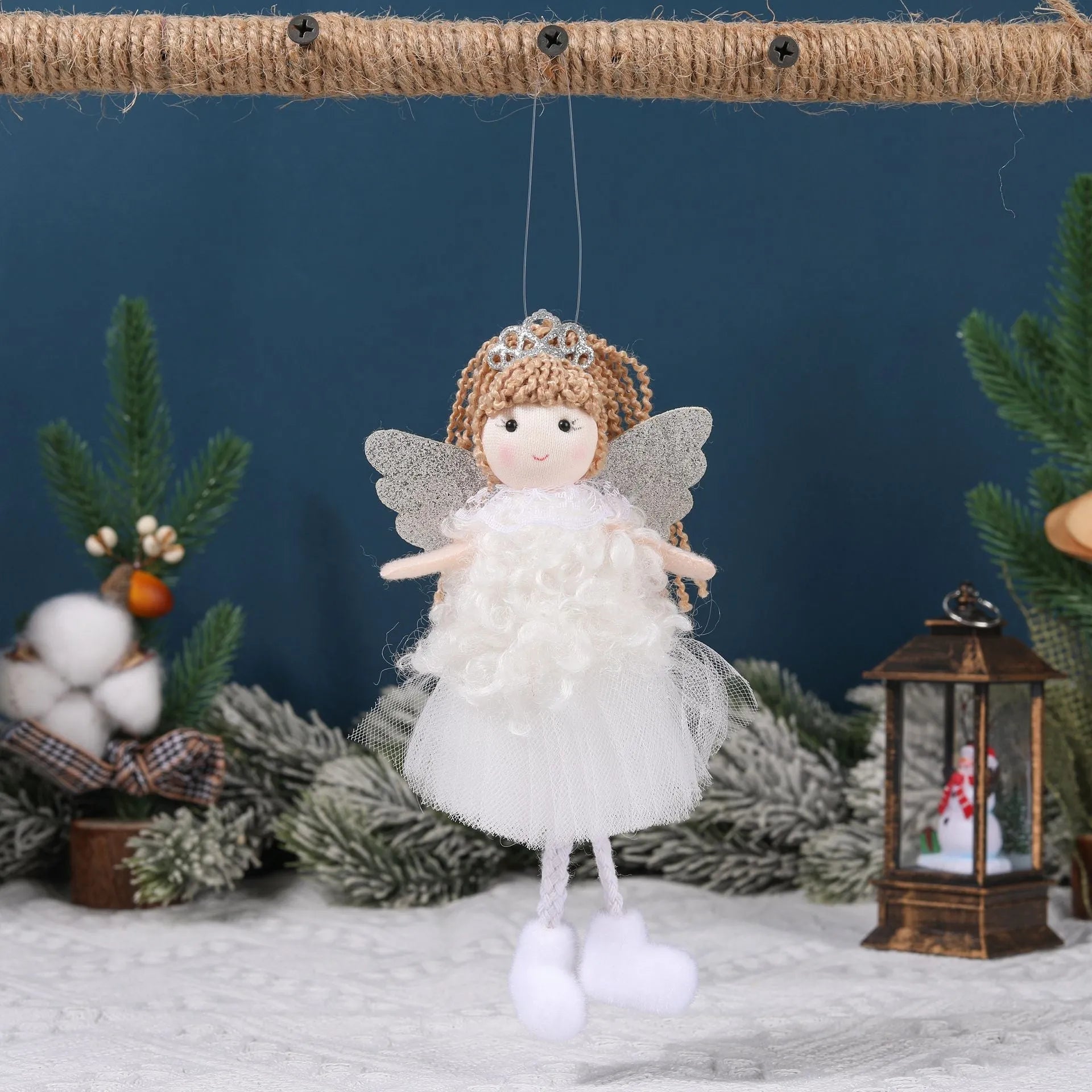 Girl's fabric Christmas angel pendant crown hair clip on a high ponytail, in white, pink, or khaki.