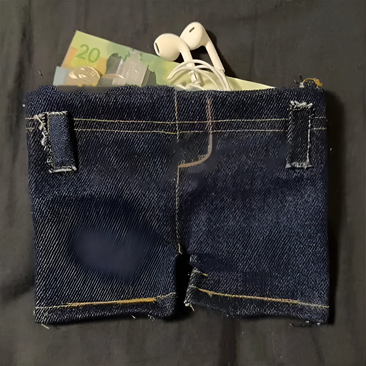 Foldable jeans shape coin purse in blue fabric, American style, compact design