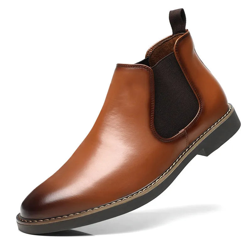 Men's black leather-look work boots with square heel and rubber sole shown in mid-calf design