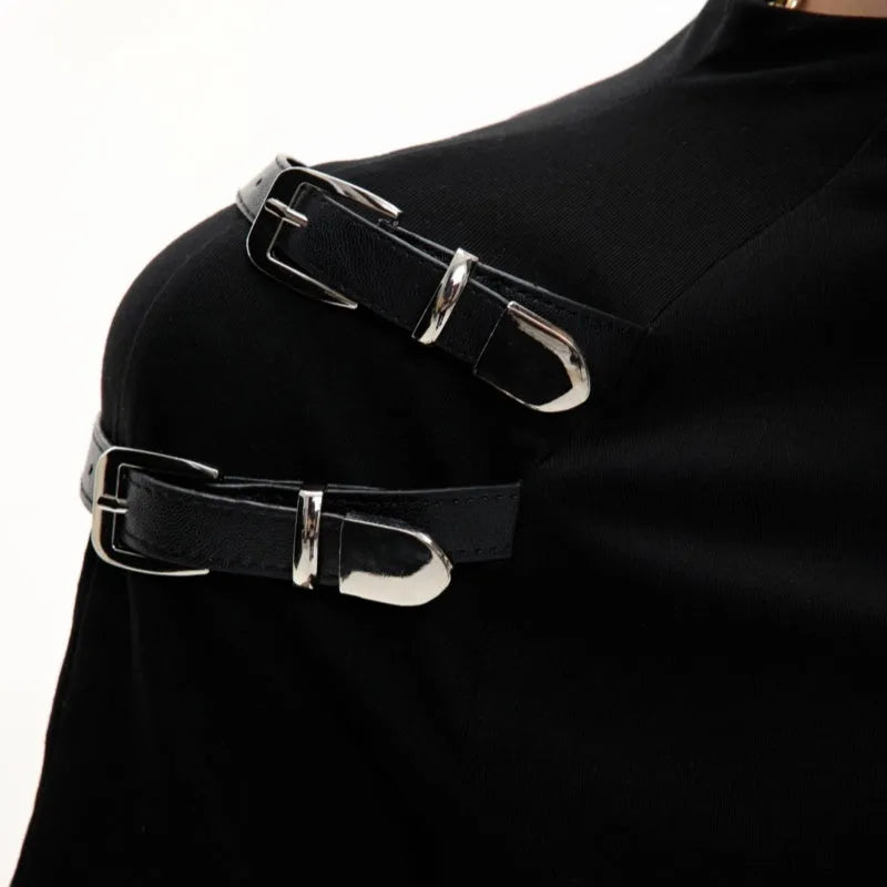 Men's slim fit black cotton T-shirt with a stand-up collar and metal belt design detail on the chest