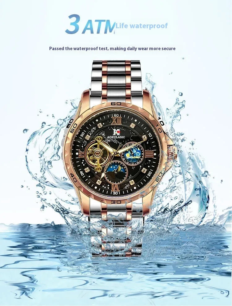 Men's automatic mechanical watch with rose gold case, black dial, and large multifunctional display.