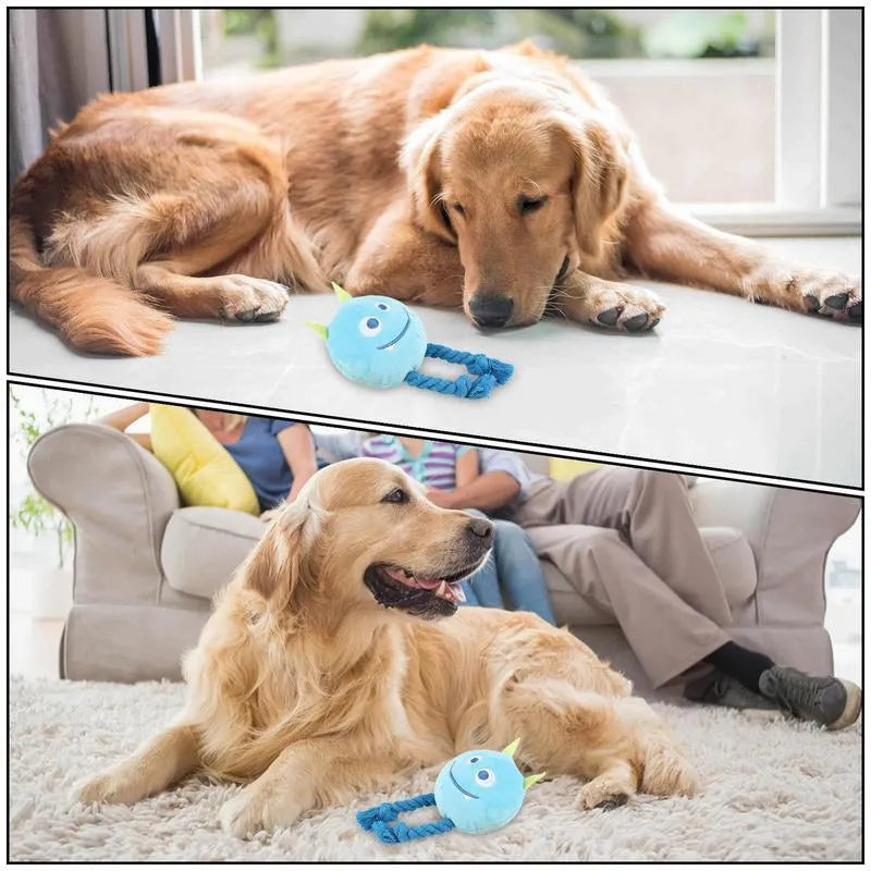 Yellow and blue dog squeaky toy with knot rope design for chewing and dental cleaning