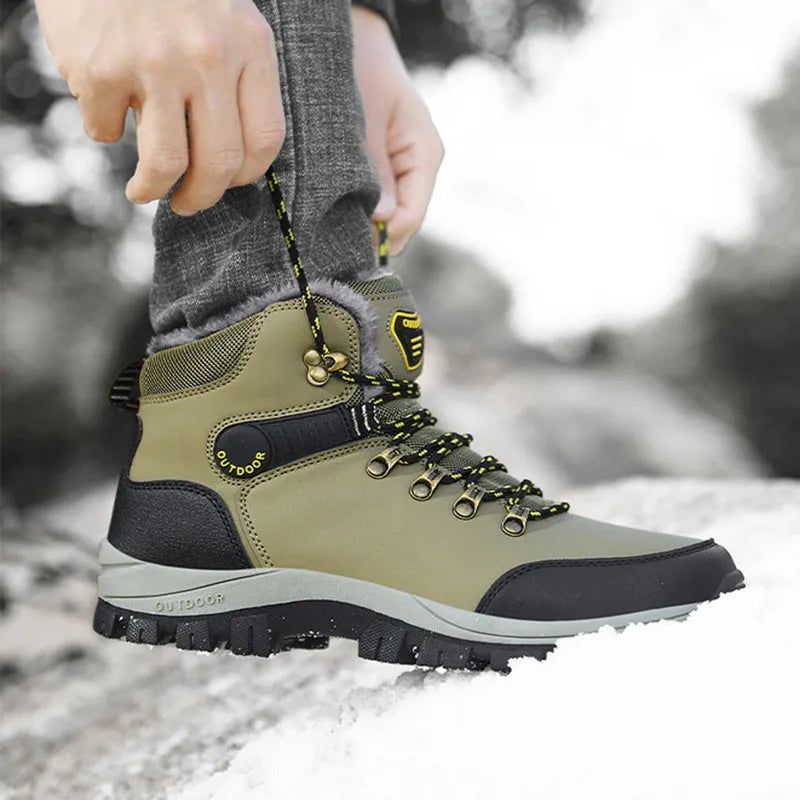 Men's winter snow boots in black, grey, or khaki with plush lining, lace-up front, and TPR sole.