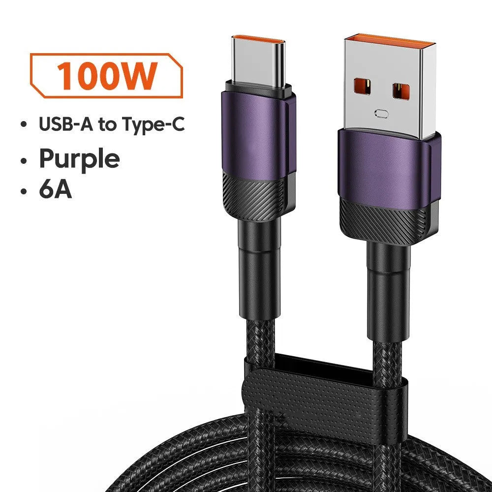Aluminium alloy woven USB charging cable with 100W PD fast charging in black, blue, purple, or green