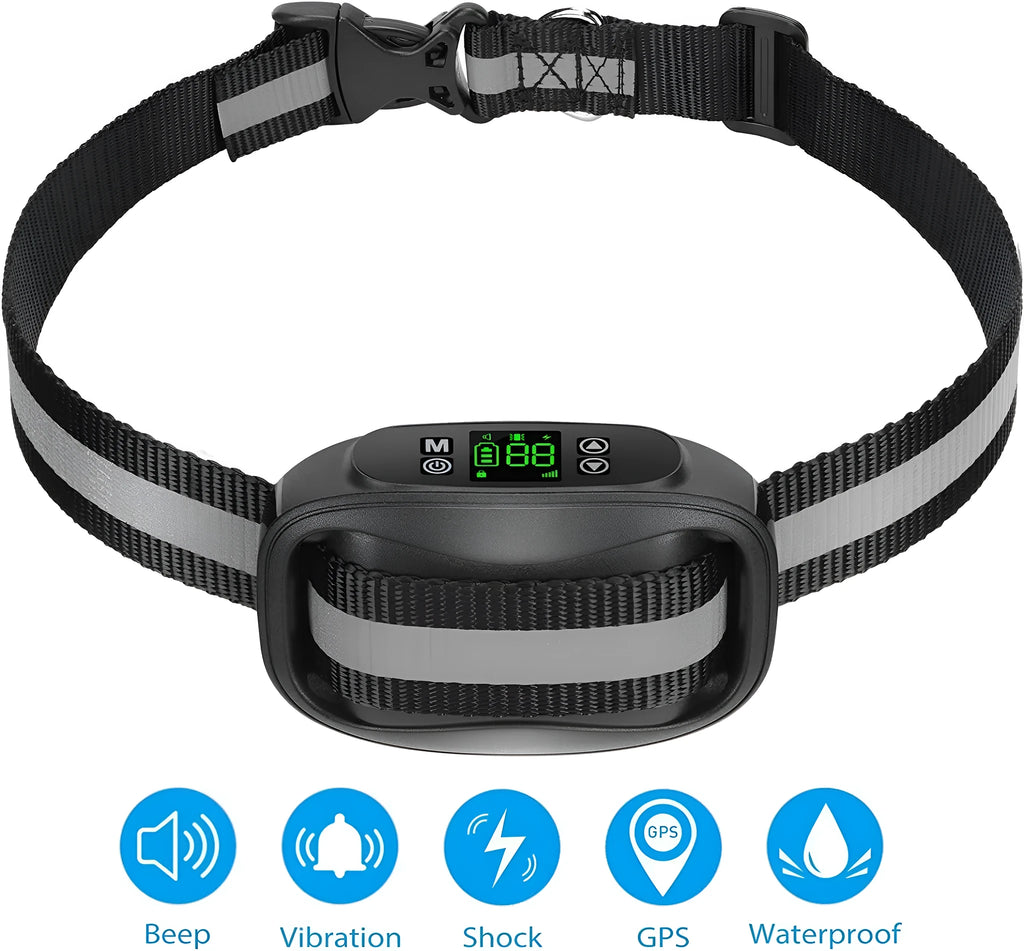 Electronic dog trainer bark stopper with plastic body and nylon strap, black and white colour options