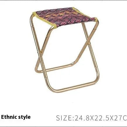 Black folding camp stool with ethnic pattern, made from lightweight aluminium alloy, shown in folded and unfolded states.