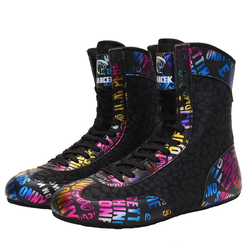 High-top combat training wrestling shoes with soft rubber soles in black gold colour