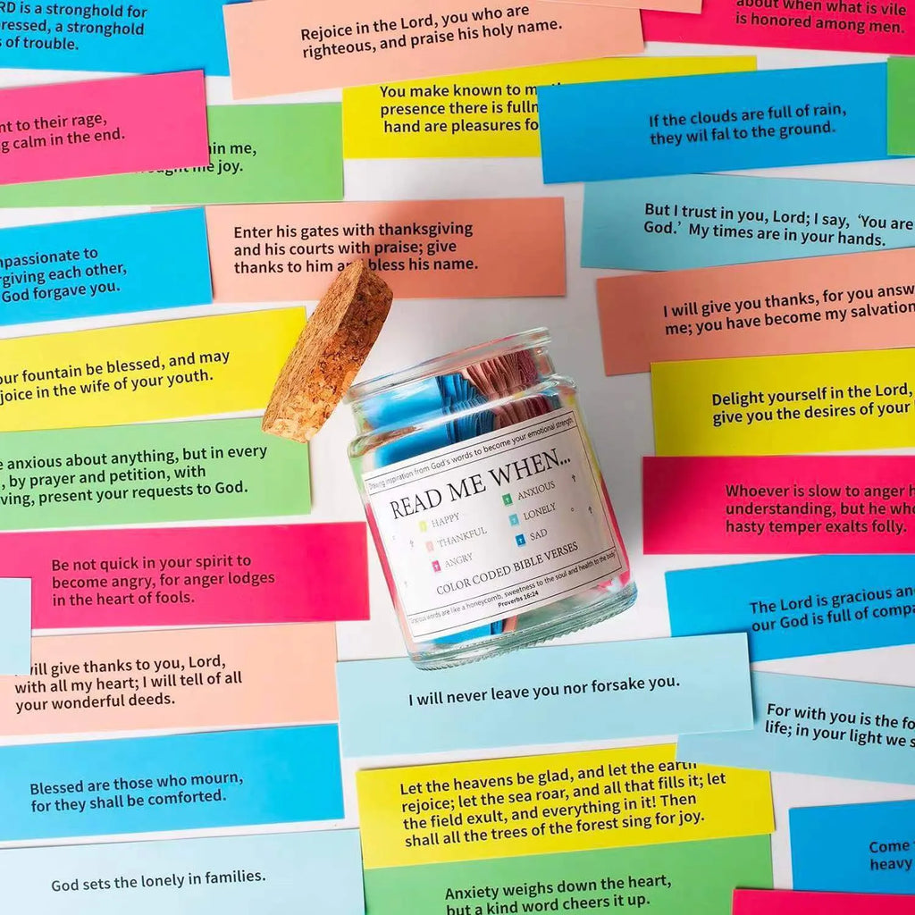 Glass Bible Verses In A Jar with cartoon decoration showing colourful verse strips inside