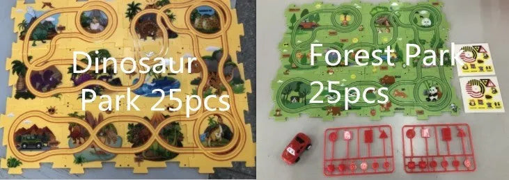 Children puzzle electric railroad speeder with DIY assembly track and automatic car, dinosaur theme