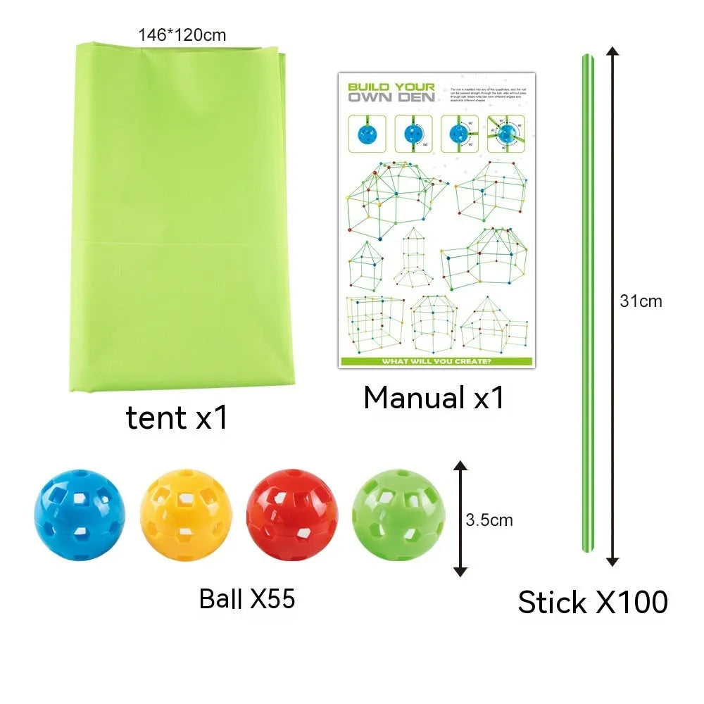 Luminous children's fort building kit with plastic sticks and connector balls for constructing castles and play tents