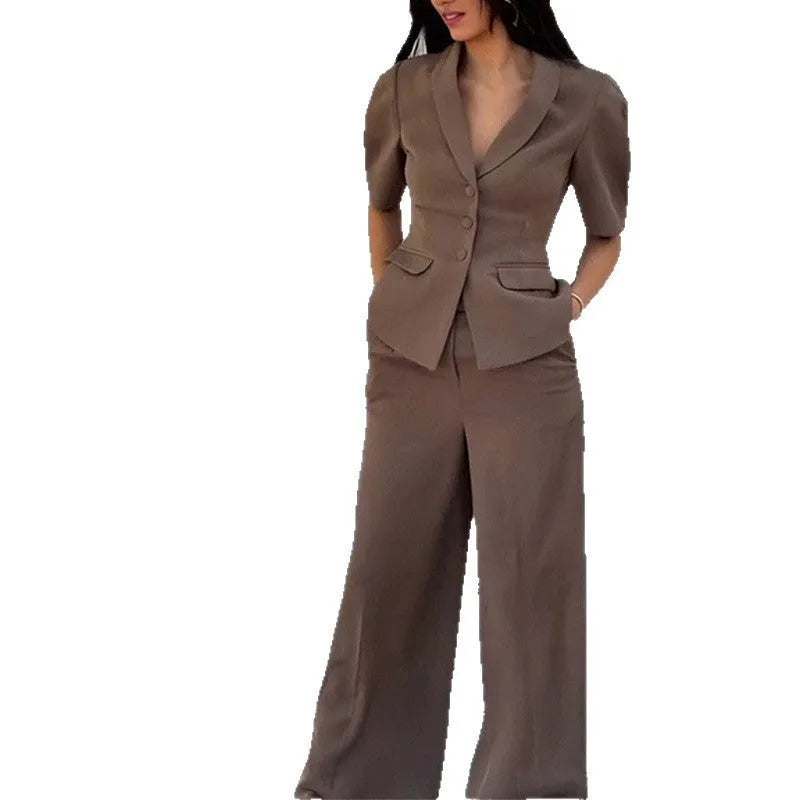 Brown men's two-piece slim fit suit separates showing top and trousers on a hanger
