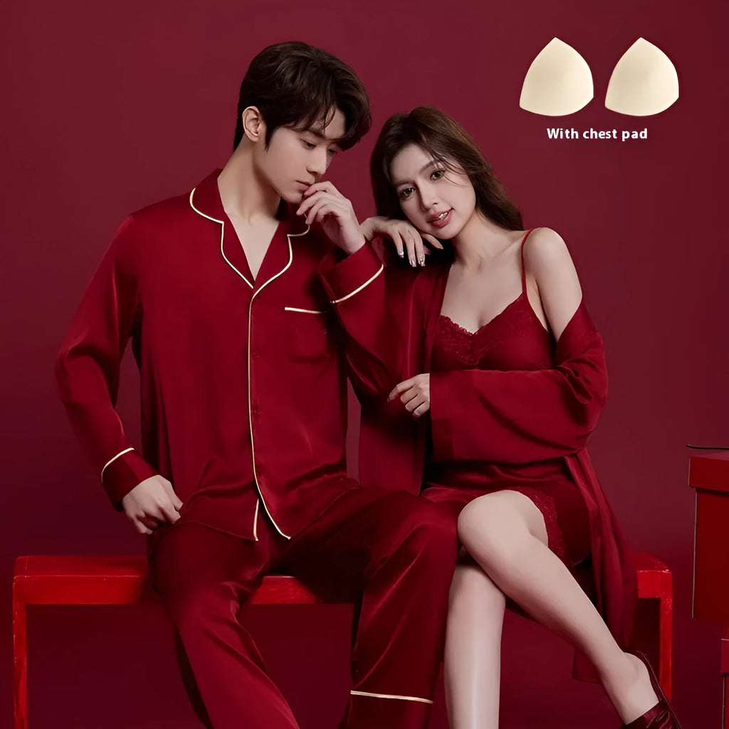 Men's and women's red ice silk wedding dowry sleepwear suit set with long sleeves and trousers