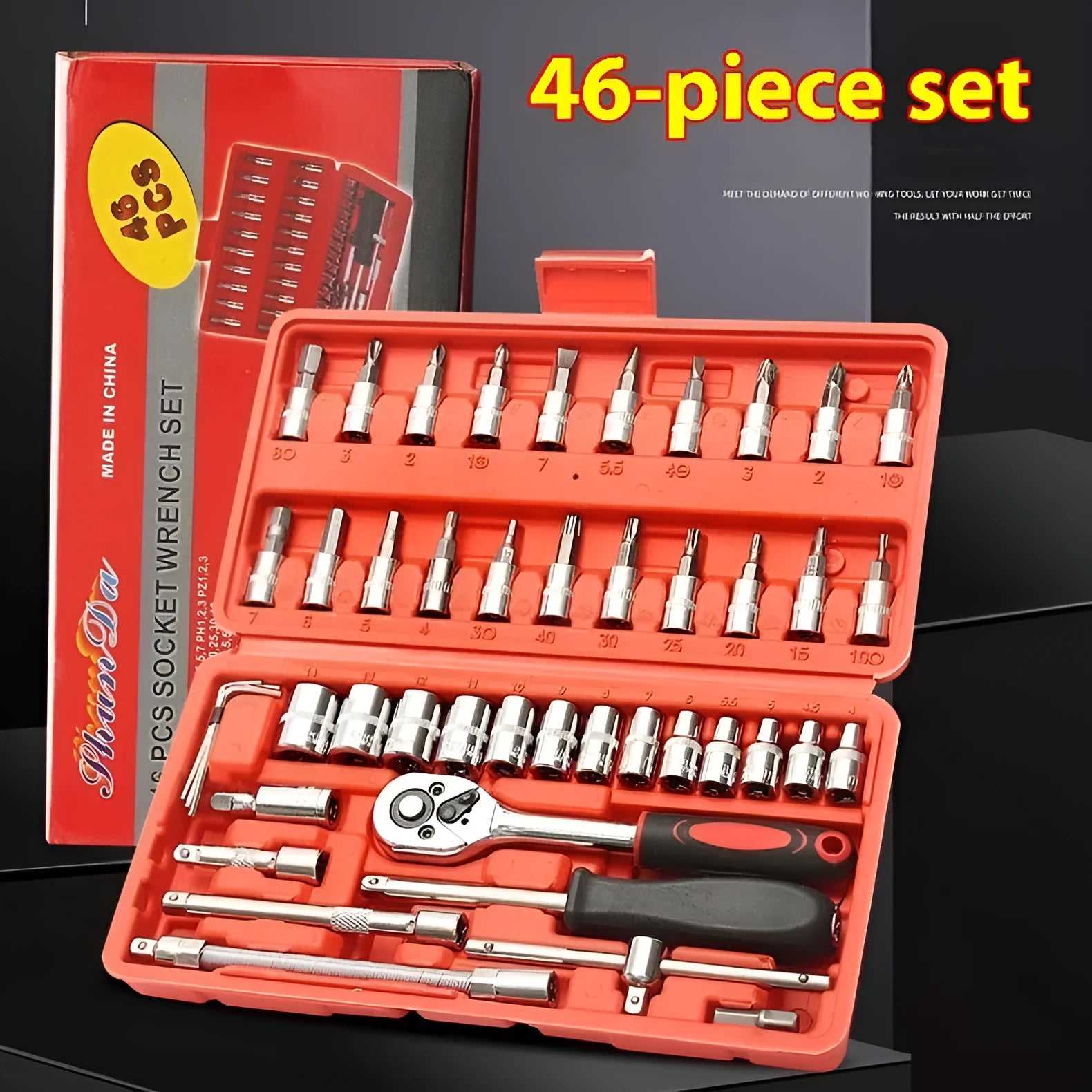 53-piece socket wrench tool set in red and black box for household hardware repair