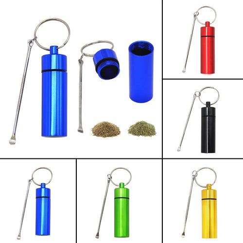 Aluminium portable medicine box with spoon and keychain in blue, green, red, gold, or black