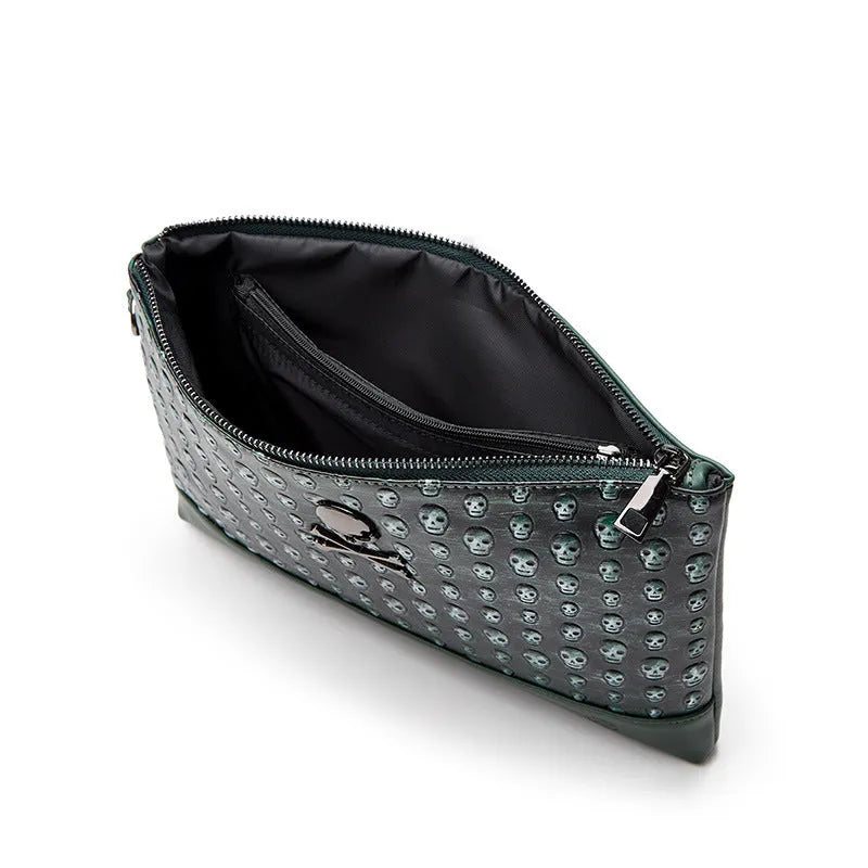 Retro men's and women's skull clutch bag in black/army green with geometric pattern and PU leather finish