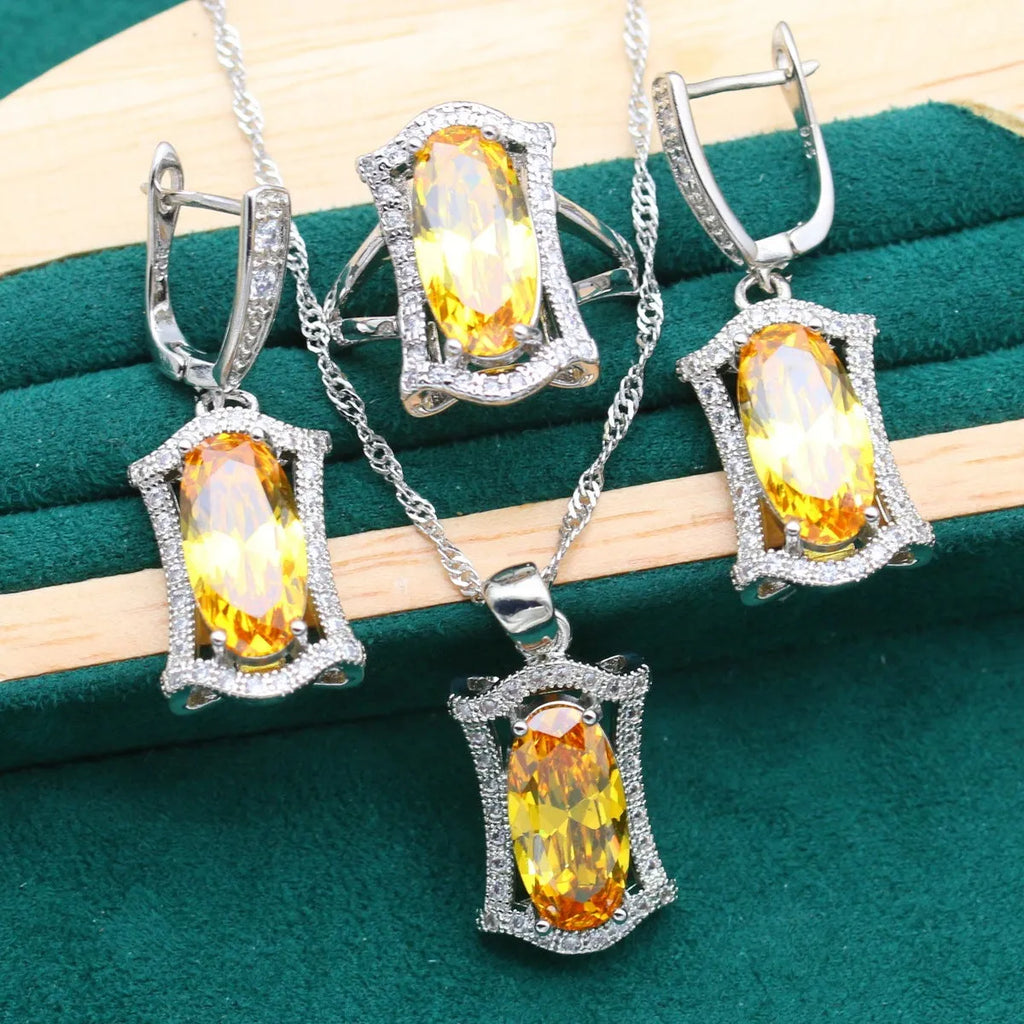 Yellow gold-tone anti-allergy alloy zircon jewellery set showing necklace, earrings, ring, and bracelet.