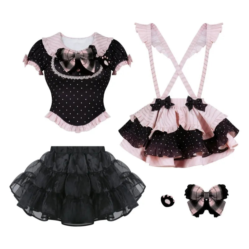 Black polka dot cami top with matching suspender skirt and crinoline, women's girly style set in XS S M