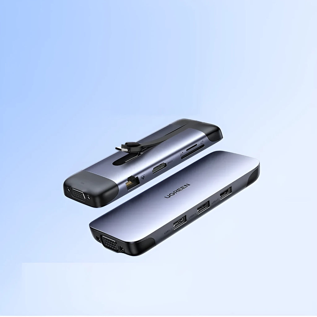 A USB hub expansion dock with HDMI, VGA, USB 3.0, Ethernet, and PD charging ports, with connected cables.