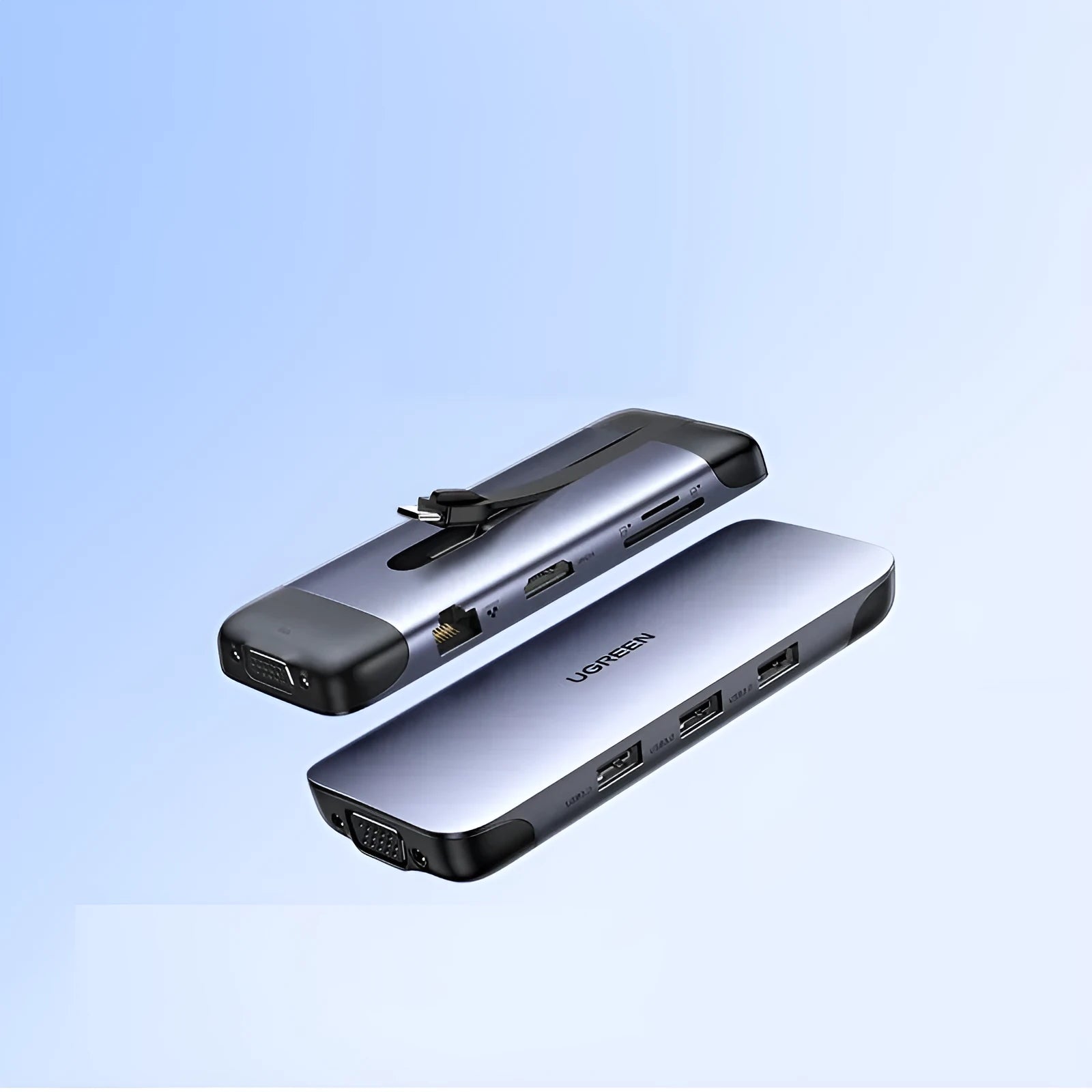 A USB hub expansion dock with HDMI, VGA, USB 3.0, Ethernet, and PD charging ports, with connected cables.