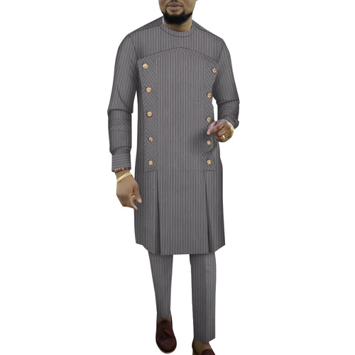African men's striped cotton two-piece robe set showing long-sleeved top and trousers.