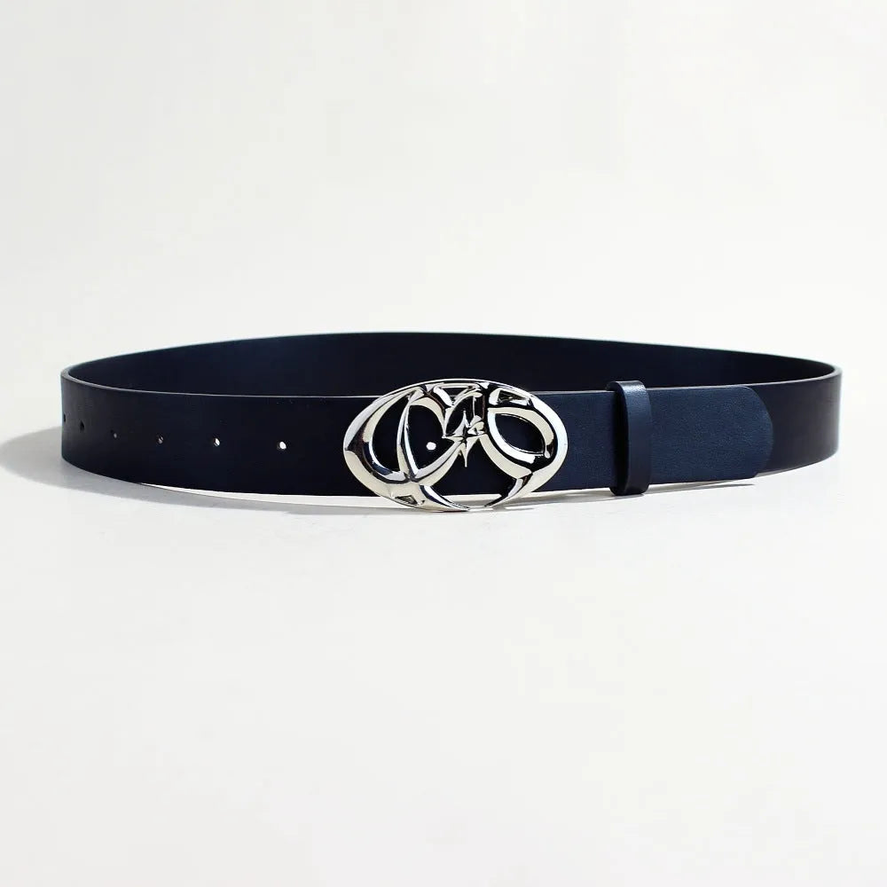 Men's silver buckle PU leather belt showing snap button closure and 3.3cm width