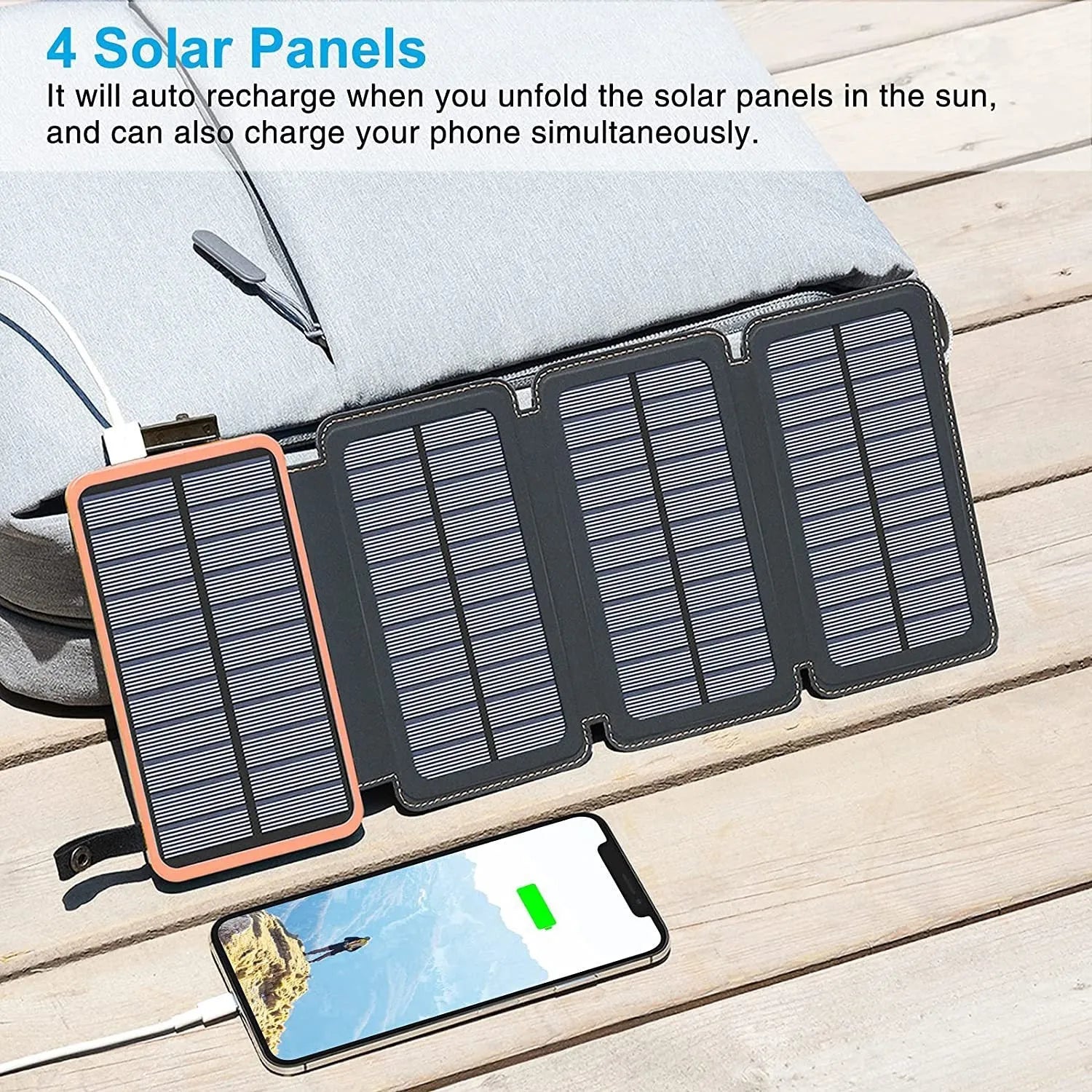Outdoor solar power bank with soft leather wrap in multiple colours, showing solar panel and USB ports