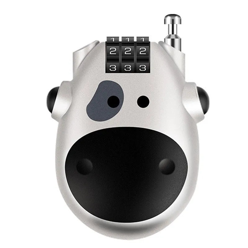 Retractable motorcycle helmet lock with extended steel cable next to bicycle helmet